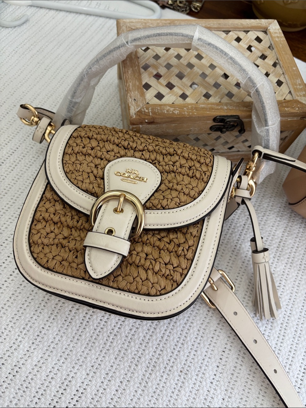 Coach Natural Straw and Chalk Leather Saddle Crossbody - Picture 1 of 4